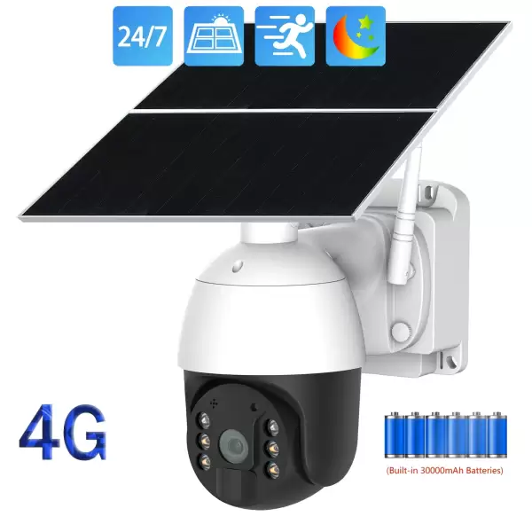 Wireless 4G Solar Camera 2MP 20W Solar Panel PTZ Camera Outdoor Two Way Audio 24/7 Solar 30000mAh Battery Long Standby IP Camera