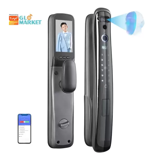 Glomarket Wifi Digital Fully Automatic Biometric Security 3D Face Recognition Smart Fingerprint Lock With Camera for Front Door