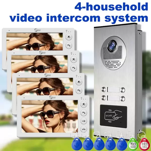 4 Unit Multi Apartments Intercom Video Doorbell with RFID Card Unlock 7inch 4Wired Video Door Phone System
