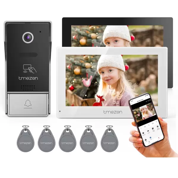 4-wire TMEZON 7 Inch Tuya 1080P Wifi Smart Video Doorphone Intercom System with Wired Doorbell for home, RFID Card/TouchScreen