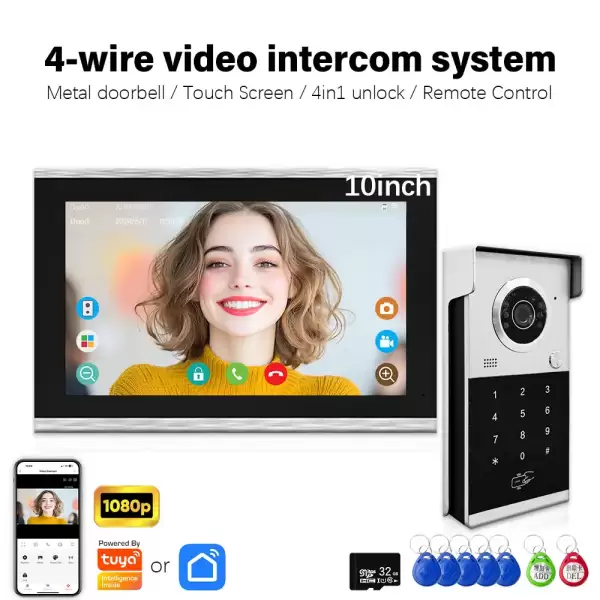 ANJIELO Metal Doorbell Video Intercom System 10inch Touch Screen 4in1 Unlock Romote Safety Protection Tuya Smart