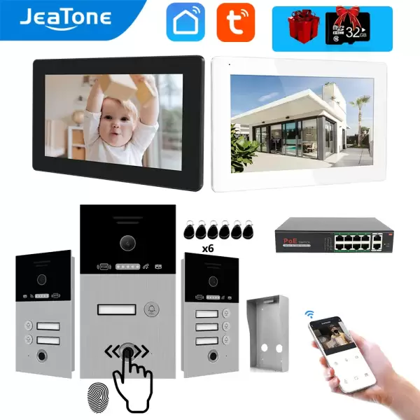 Jeatone WIFI Touch screen 7inch Video intercom for Home/Apartment 1/2/3F Wireless TUYA APP Doorphone With Fingerprint RFIC card