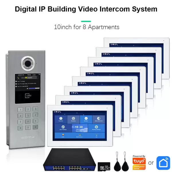 Tuya Smart Digital IP Building Video Intercom System for 8 Apartments 7-10 inch Touch Monitor with IC Card Digital Keypad Unlock