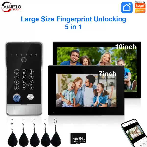 Tuya Smart 5in1 Card Swipe Fingerprint Unlock Doorbell Video Intercom 1080P 7inch 10inch Touch Screen Security System