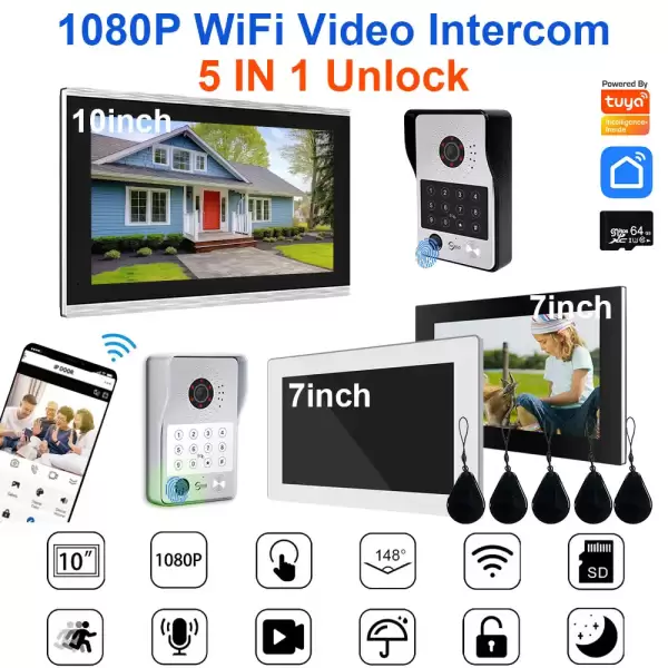 NEW Tuya Smart Video Doorbell Wifi Door Intercom System 1080P Door Camera with Monitor Fingerprint 5in1 Unlock