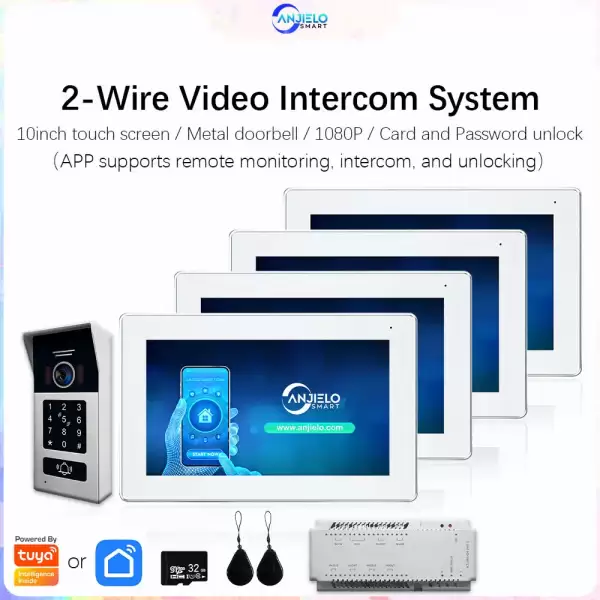 2 Wired BUS Video Intercom Doorbell Camera 1080P Tuya 10 Inch Touch Monitor With RFID Card Access For 4 Home Villa