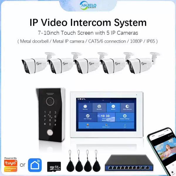Tuya Smart 1080P Digital IP Video Intercom System with IP Security cameras POE Switch 7inch10 Touch Monitor