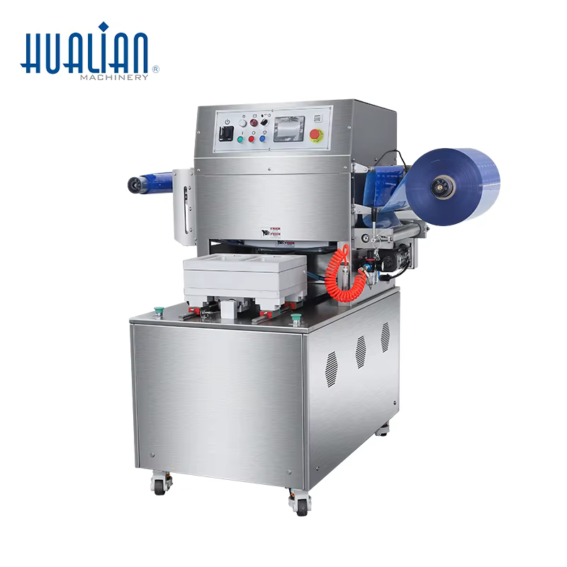 HVT-450M/2 Hualian Meat Food Map Sous Vide Vacuum and Seal Tray Skin Sealing Packaging Machine