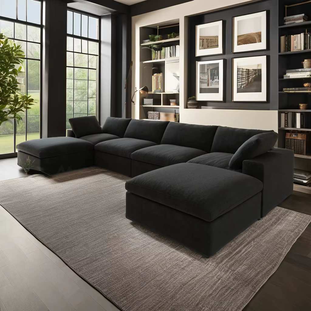 Furnistyle Luxury Nordic Black Fabric U-Shape Modular Sofa Set