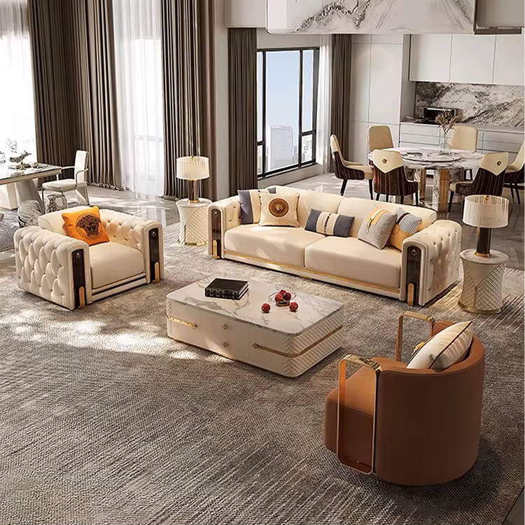 2024 Luxury Solid Wood Frame Chesterfield Leather Sofa