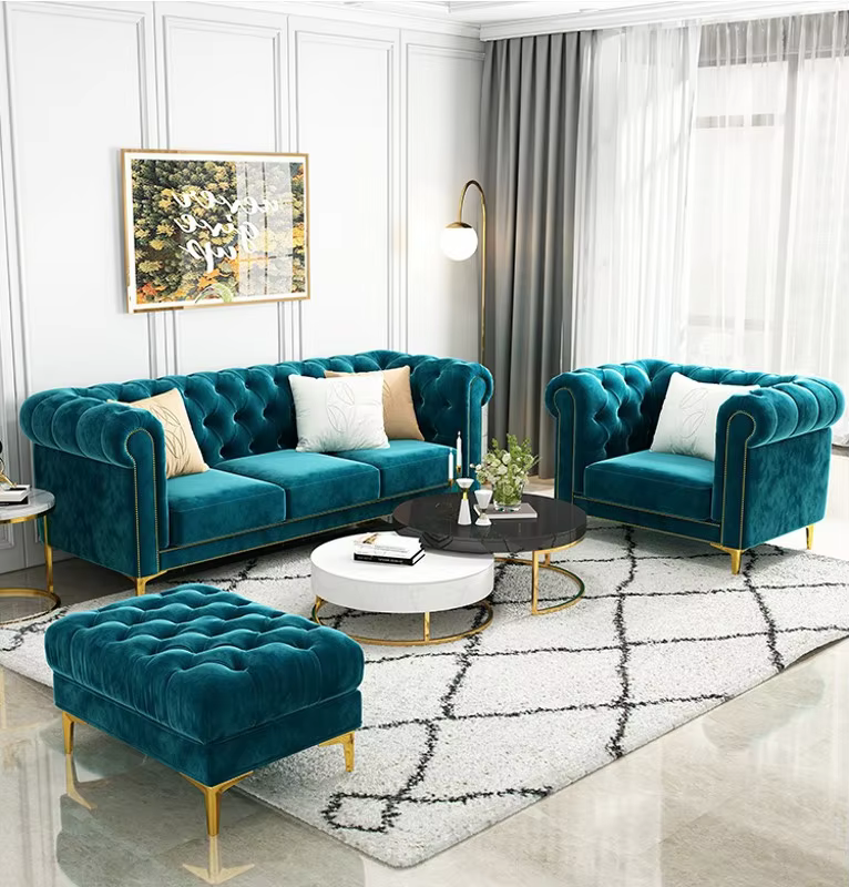 Furnistyle Modern Velvet Fabric Tufted Section Sofa Set