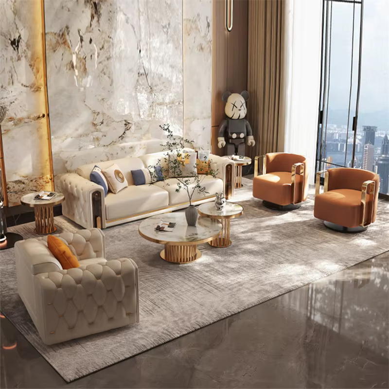 Luxury Gold Legs Chesterfield Leather Sectional Sofa Set
