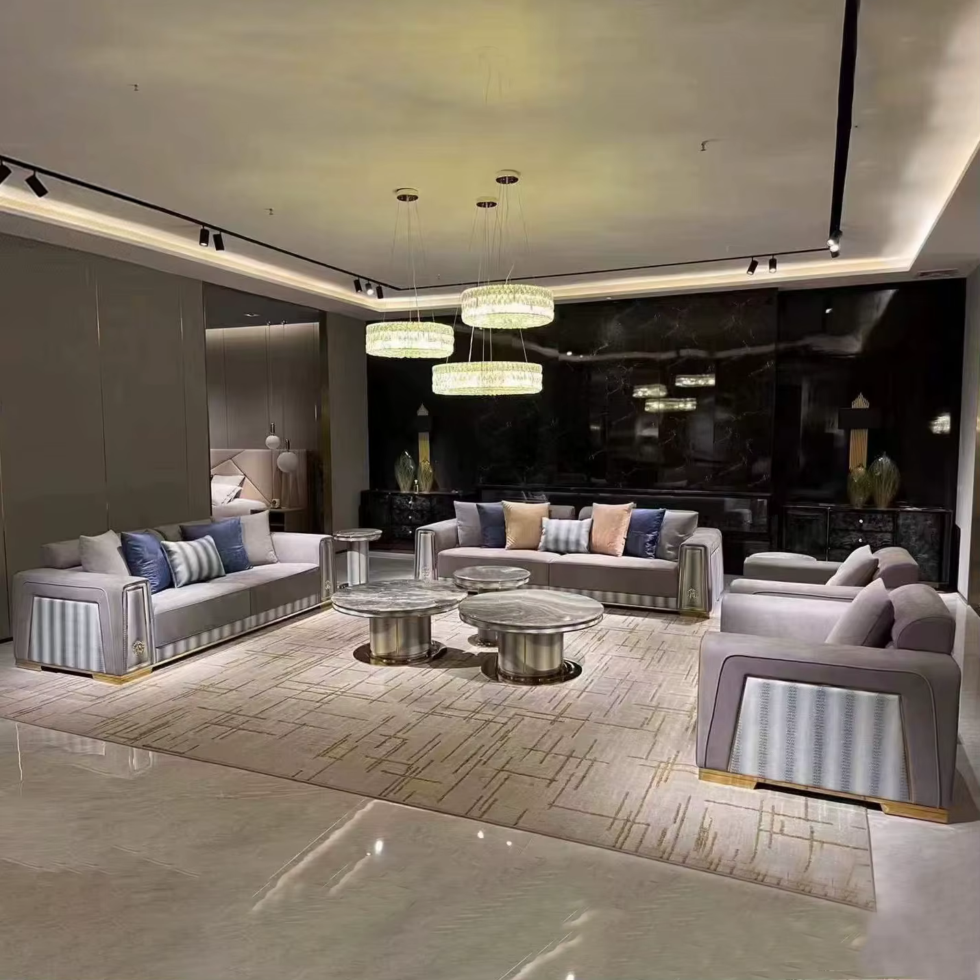 Furnistyle Luxury Italian Gray Velvet Corner Sofa Set