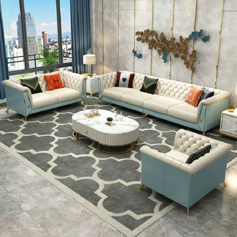 Furnistyle Italian White Leather Sofas Luxury Modern Chaise Lounge Set