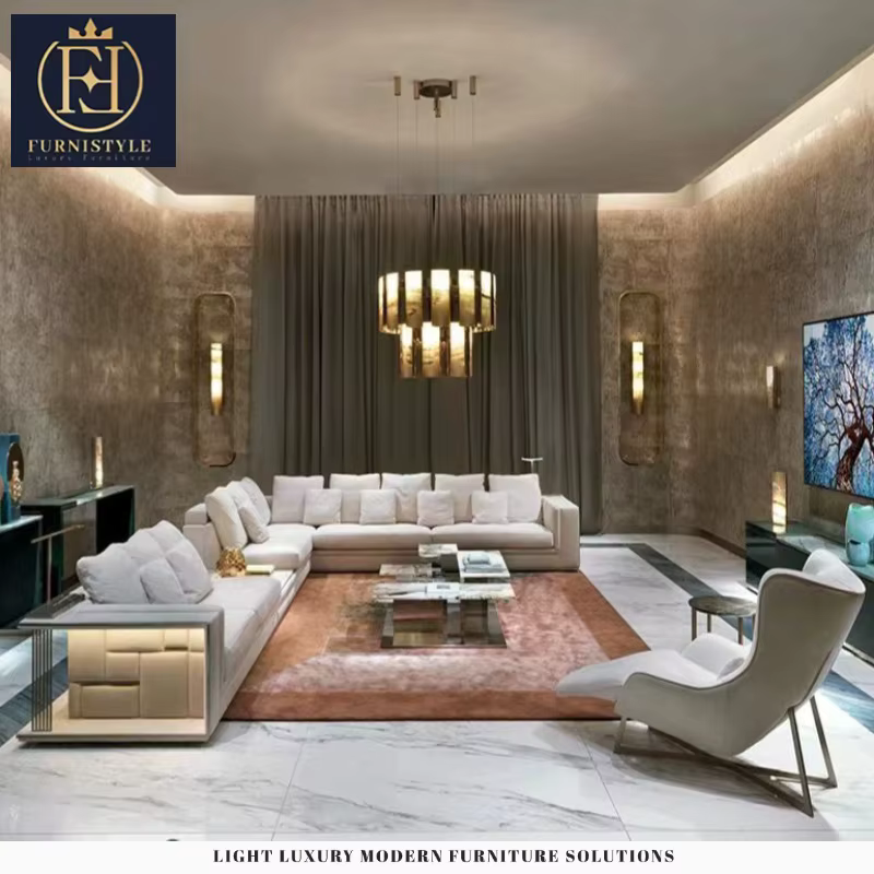 Furnistyle Italian High-End Luxury Villa Design Premium Living Room Leather Couch Set L-Shaped Sofa