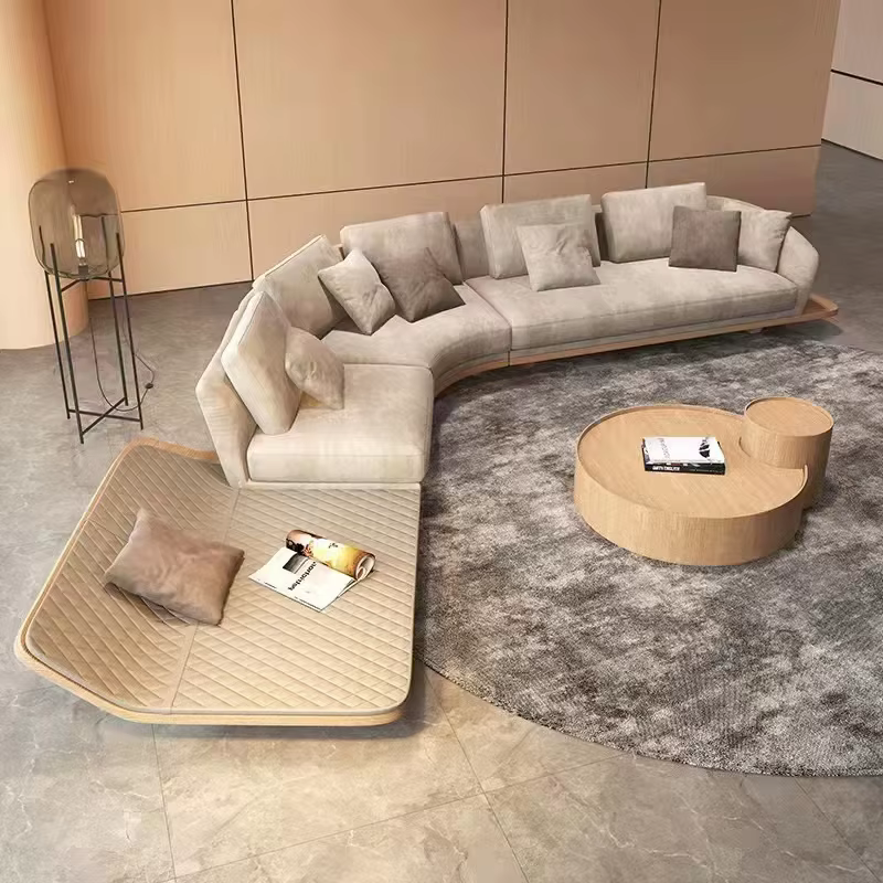 Furnistyle Luxury L-Shape Fabric and Leather Wooden Curved Sofa