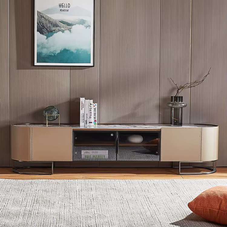 Stainless Steel Base Saddle Leather and Wood Combination Modern Stone Top Living Room TV Table