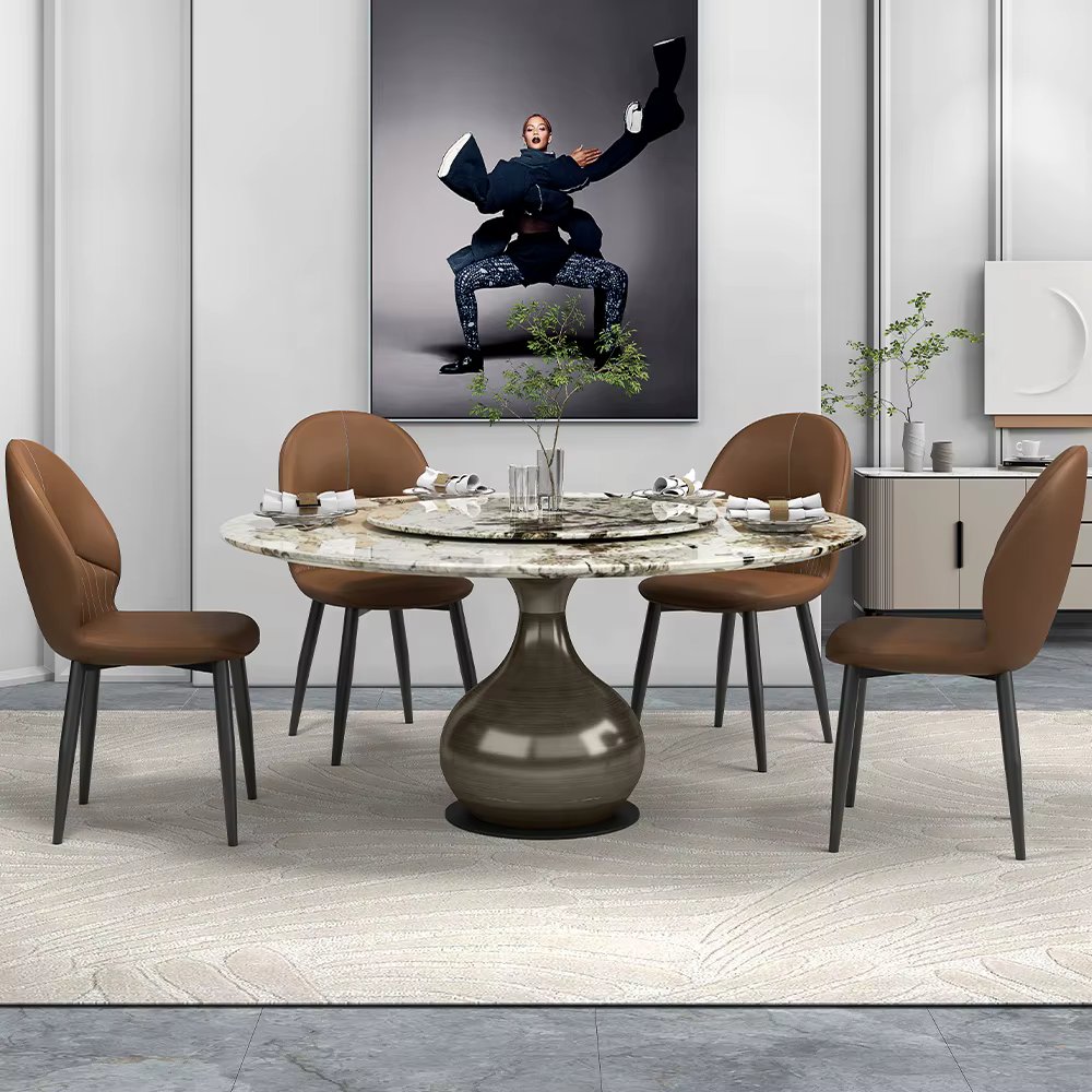 Teardrop Shaped Grey Steel Pedestal Base Dinette Set with Lazy Susan