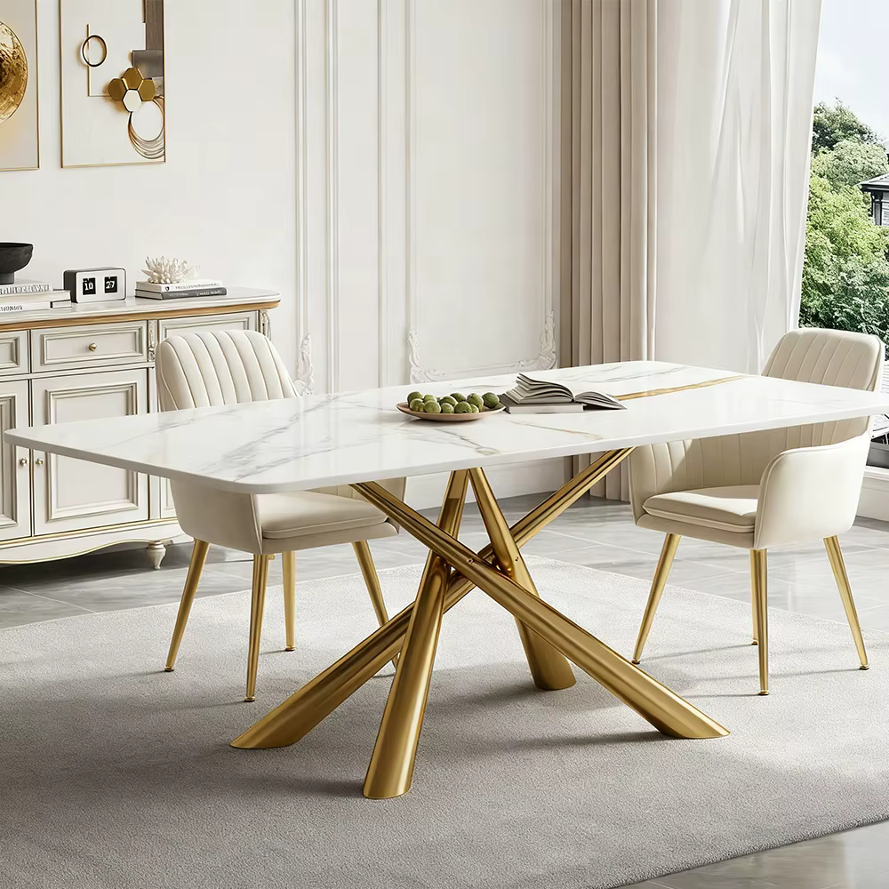 Modern 900x1800mm White Marble Effect Dining Table with Gold Metal Cross Legs