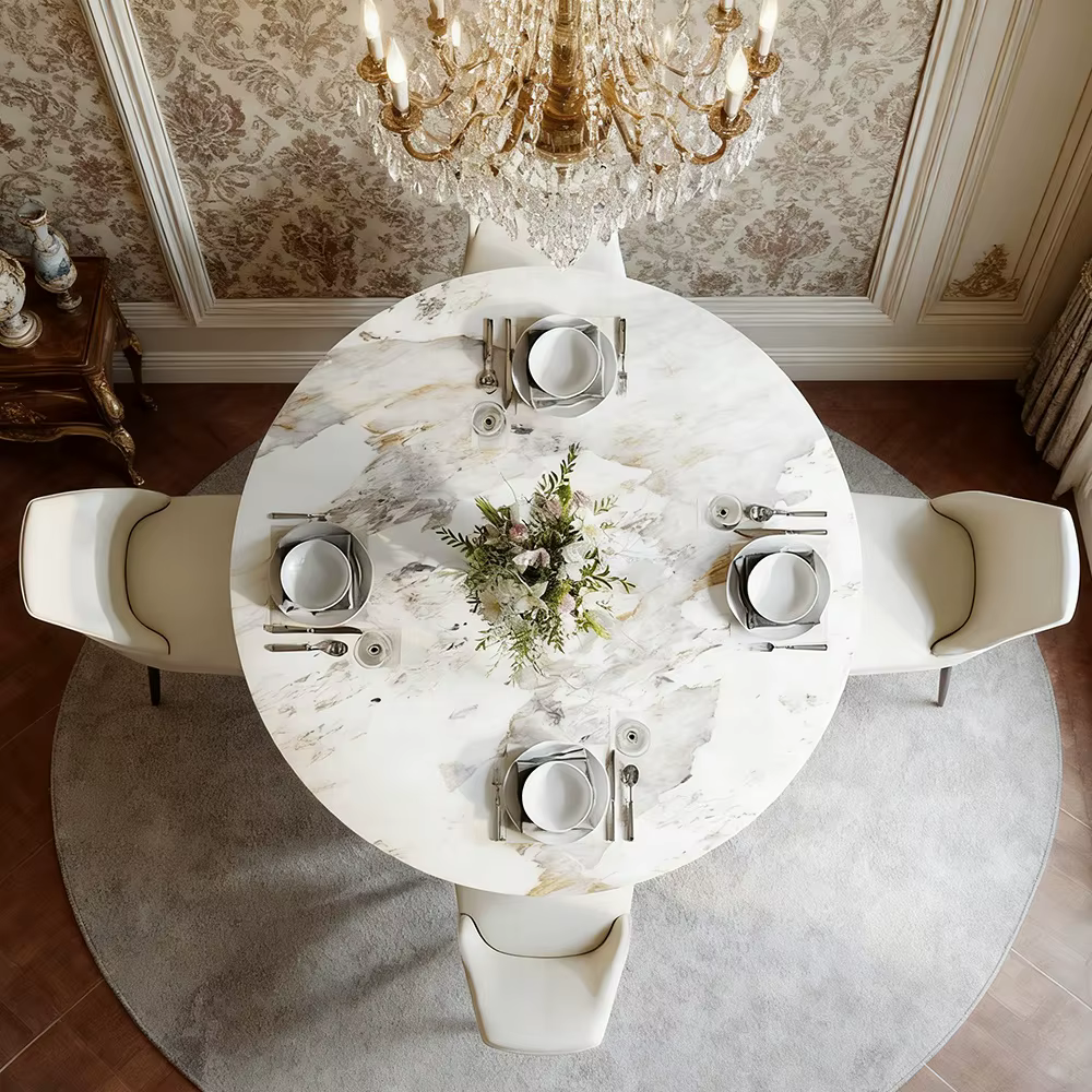 Chinese Design Circle Nordic Gold Round Dinner Table with Rotating Tray and 8 Victorian Dining Chairs
