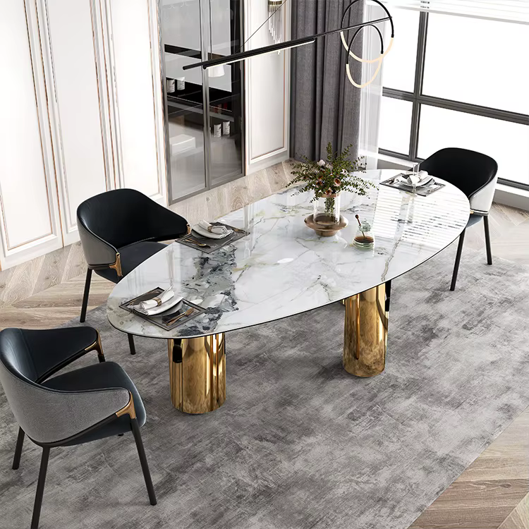 Aesthetic Luxury Gold Curved Dining Table Set with Genuine Leather Chairs