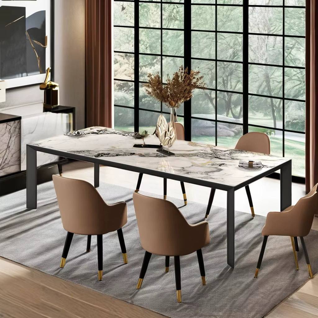 Metric Outdoor Dining Table - Marbled Bright White Ceramic Top with Aluminum Alloy Frame