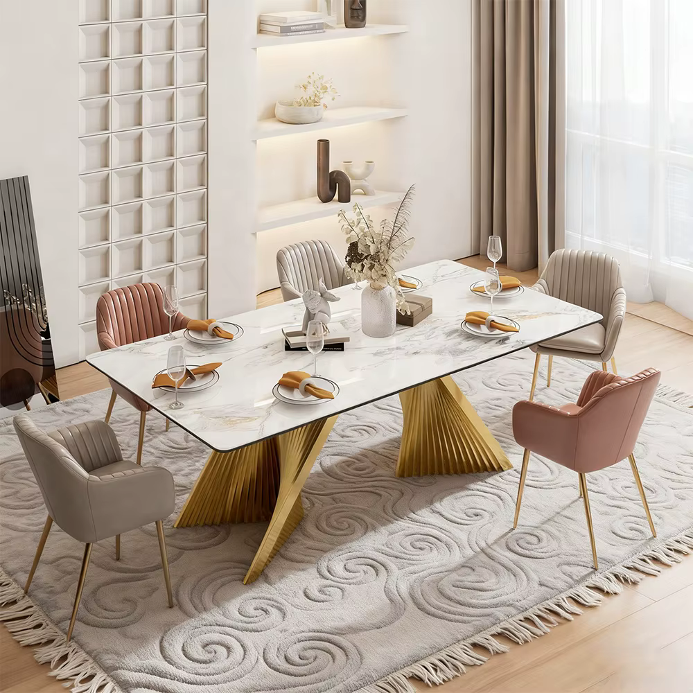 Modern Luxe Kitchen Marble Dine 63" Gold and White Dining Table Set with 6 Chairs