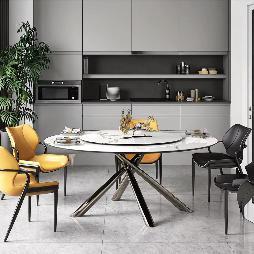X Shaped Base Desk Dining Table Set with Slate Stone Top and Lazy Susan Mechanism