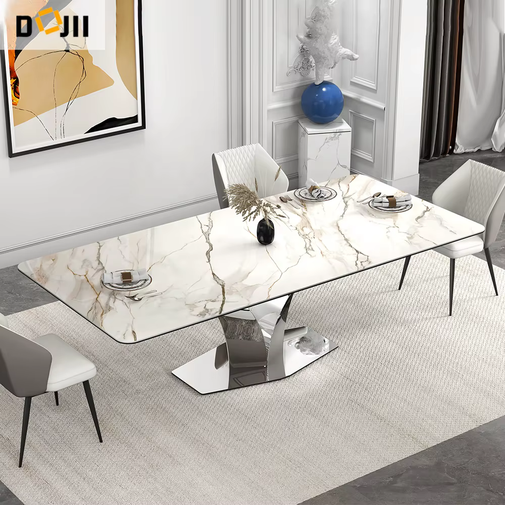 Mid-century Modern Expanding Dining Table with Ceramic Marble Top