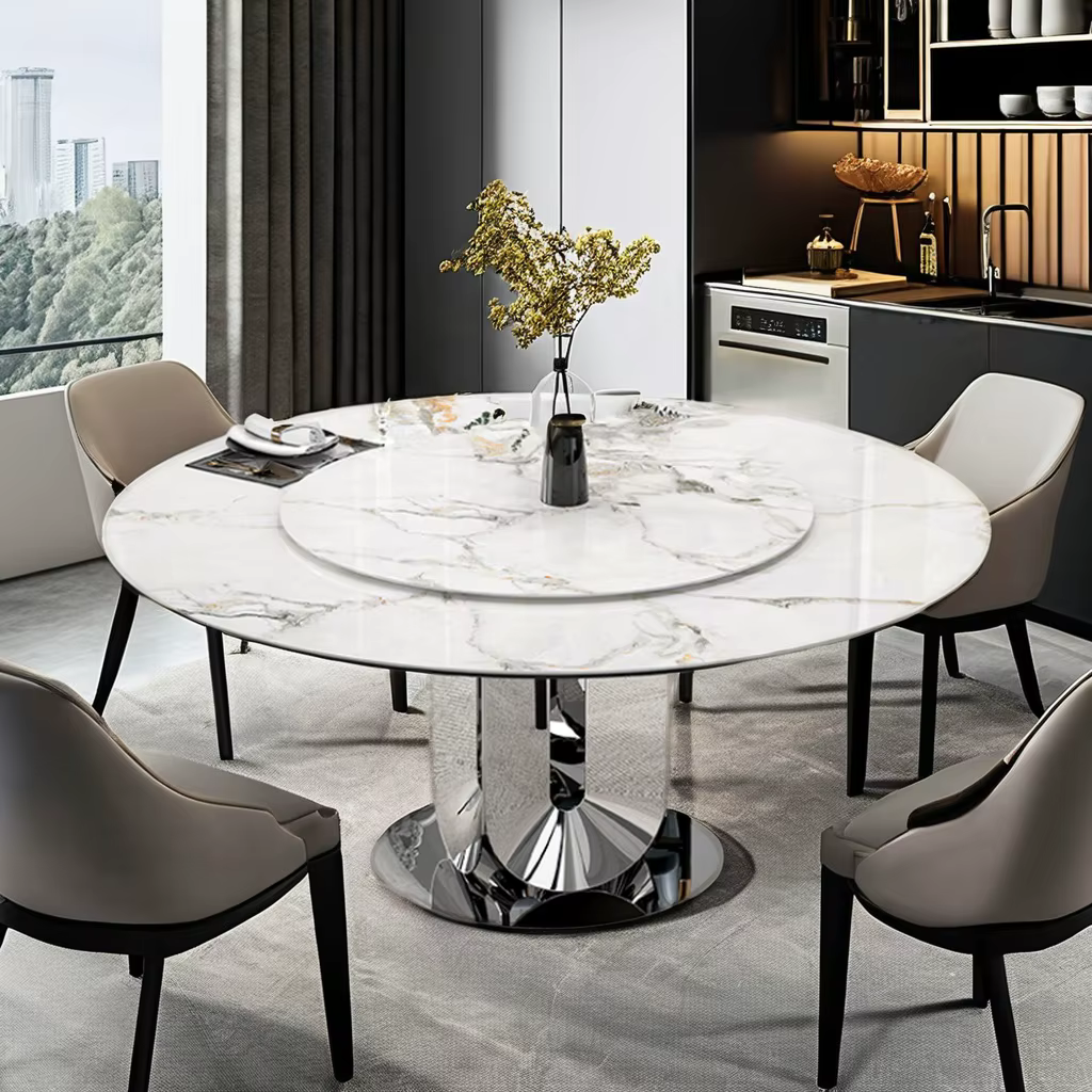 High Quality Dining Room Table with Marble Top and Silver Legs