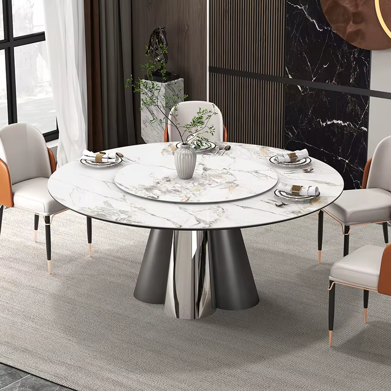 Retro Style Indian Dining Desk Round Sliding Marble Pinning Dining Table with Rotating Centre