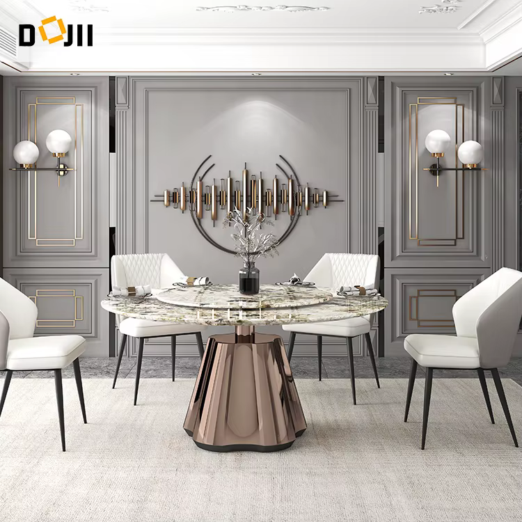 Italian Marble Top Round Dining Table with Golden Stainless Steel Base
