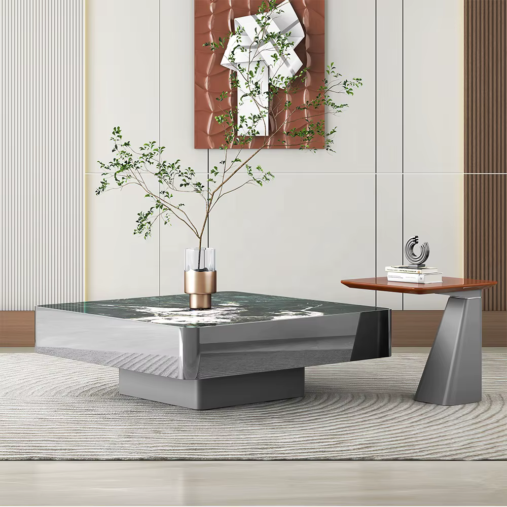 Functional Square Coffee Table Classic Marble Glass with Block Base