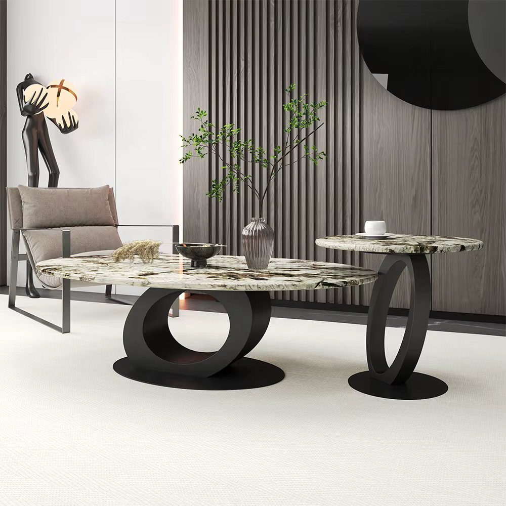 Oval Middle Small Table Coffee Table with Metal Base