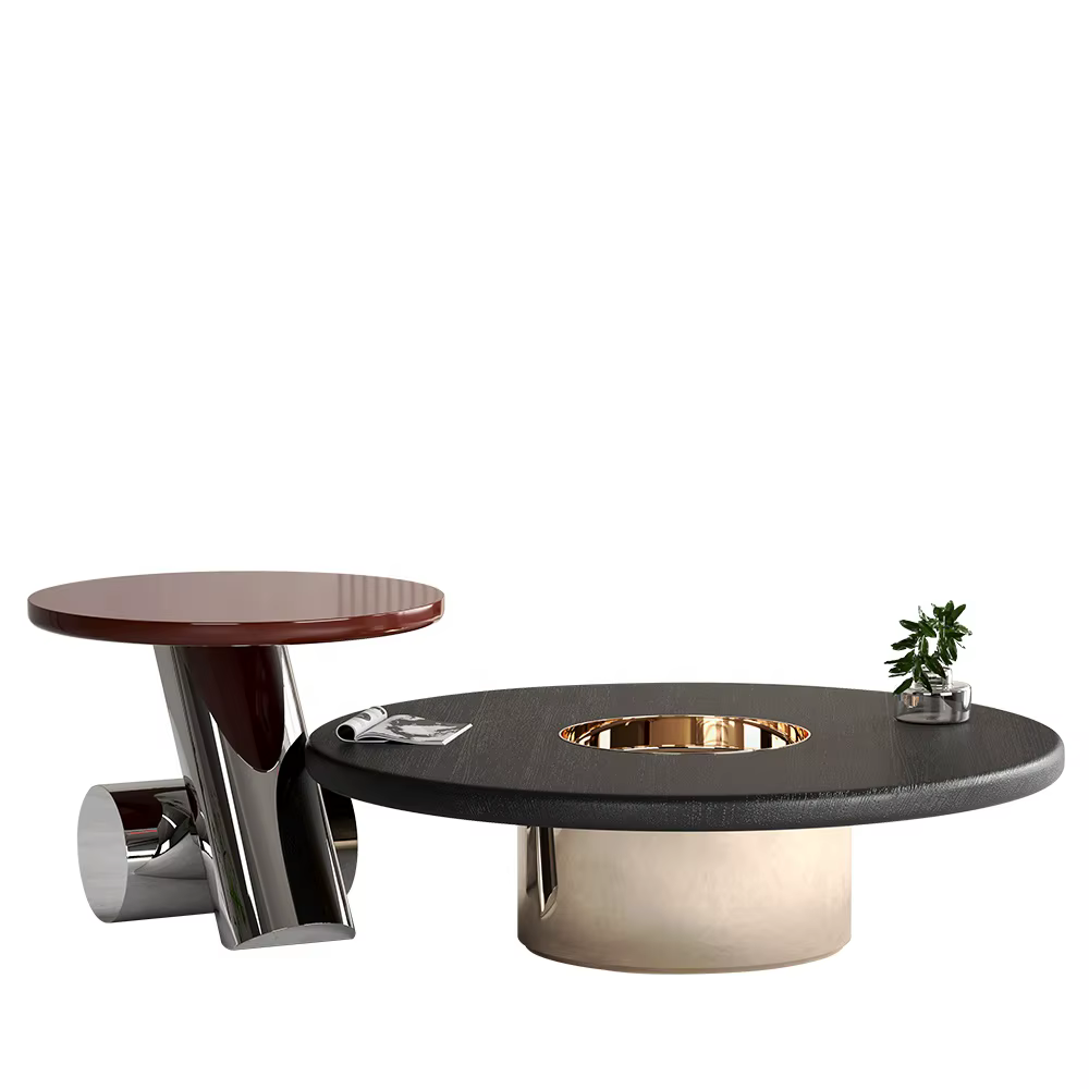 Stone/Plywood Top Coffee Table Round Set of 2