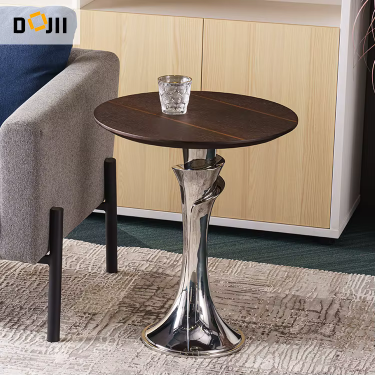 Wooden Corner Side Low Table with Rose Flower Design and 304 Stainless Steel Stand
