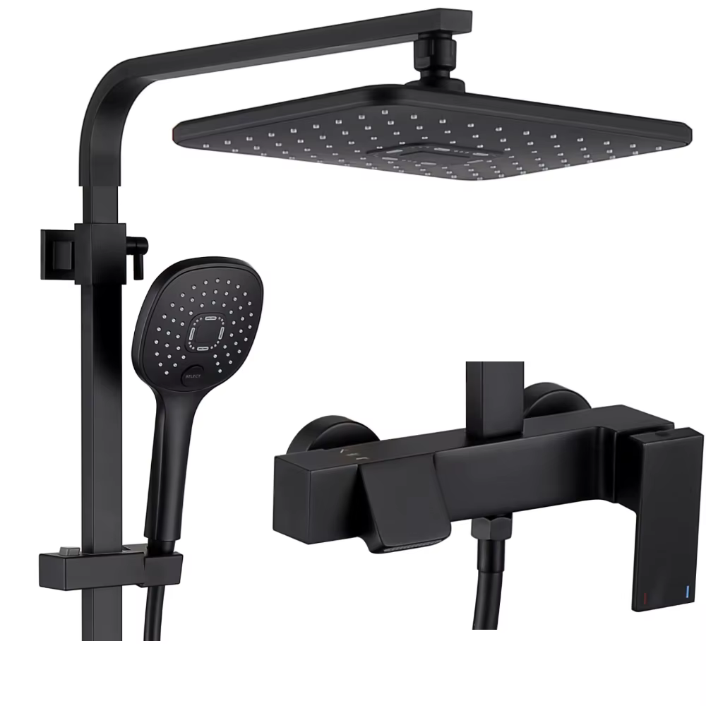 Popular Innovative Matte Black Square Head Round Hand Brass Shower Set