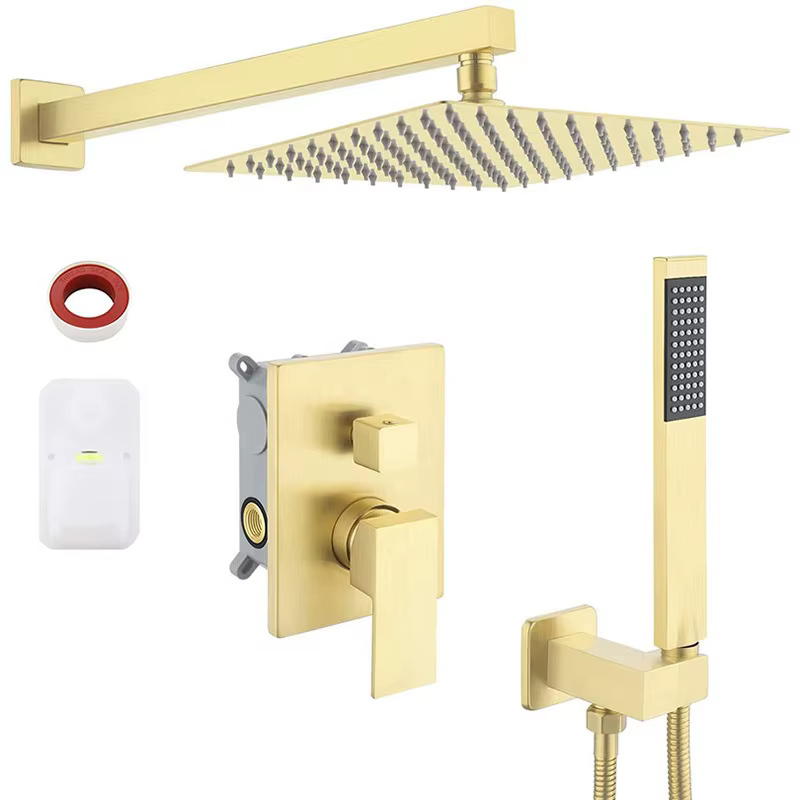 Square 12 Inch Brushed Gold Shower Faucet Set