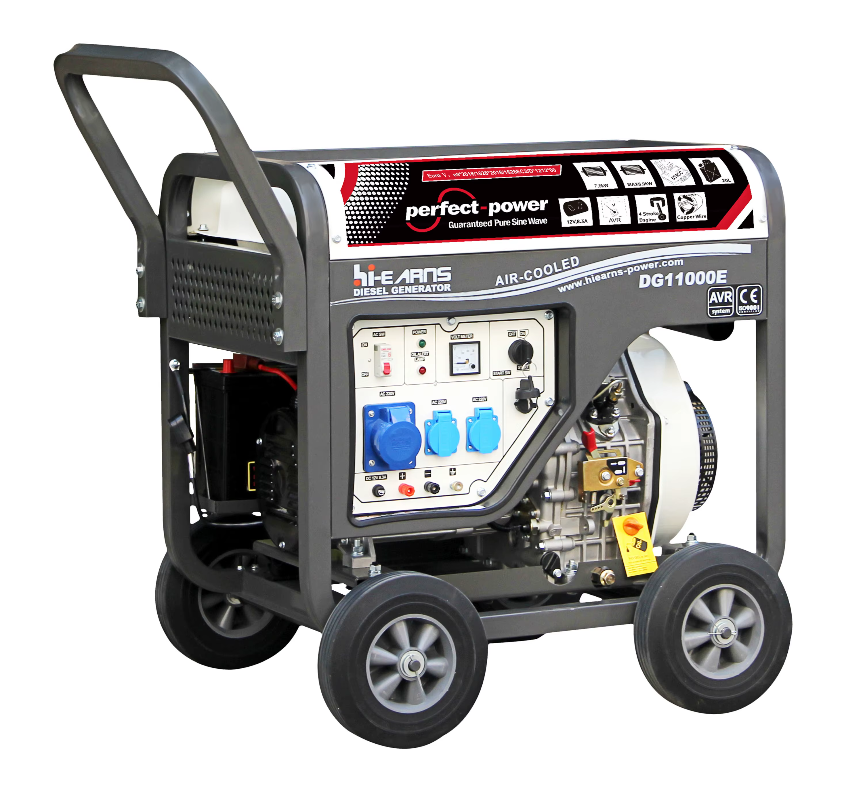 5kw 220V 50Hz Single Phase DG11000E Open Frame U-Shaped Armrests 4 10-Inch Wheels 20L Fuel Tank