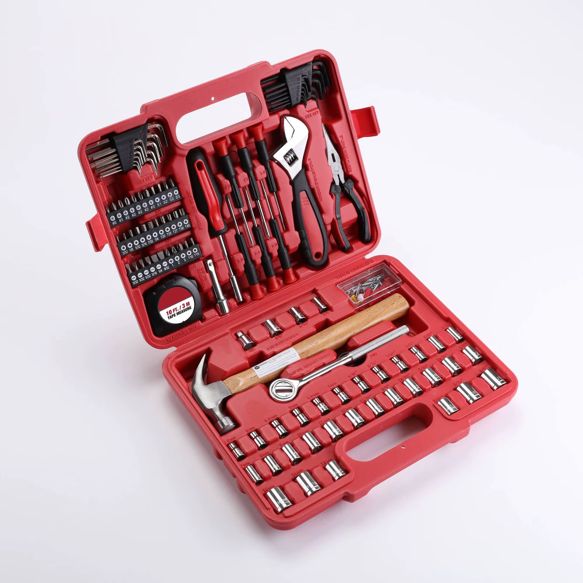 Mechanic Tool Set 110-Piece 1/4 In., 3/8 In. and 1/2 In. Drive SAE Ratchets Sockets, Hex Keys Combination Wrenches Hand Tool Set