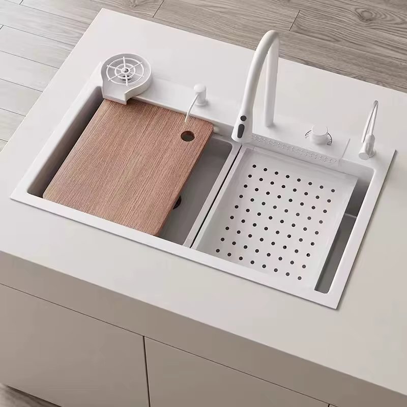 YITE White Flying Fish Waterfall Stainless Steel Kitchen Sink Modern Simple Design Rectangular Bowl One-Piece Molding Sink