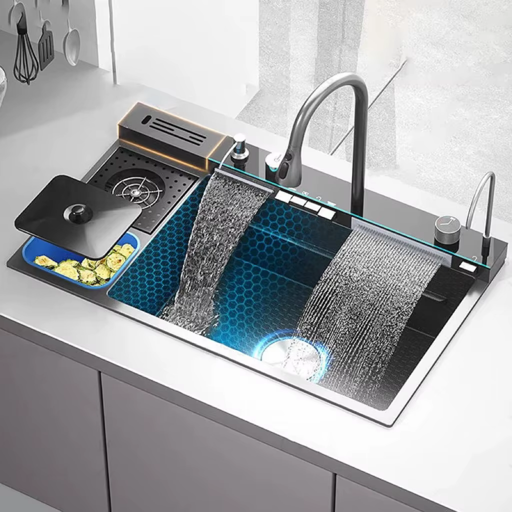 YITE New Whale Large Single Slot 304 Stainless Steel Kitchen Digital Display Sink Trash Bin Vegetable Light Luxury Design
