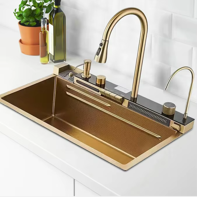 YITE Golden Whale Modern Simple Design Nano Surface Handmade Rectangular Bowl Large Single Sink LCD Copper Faucet Kitchen