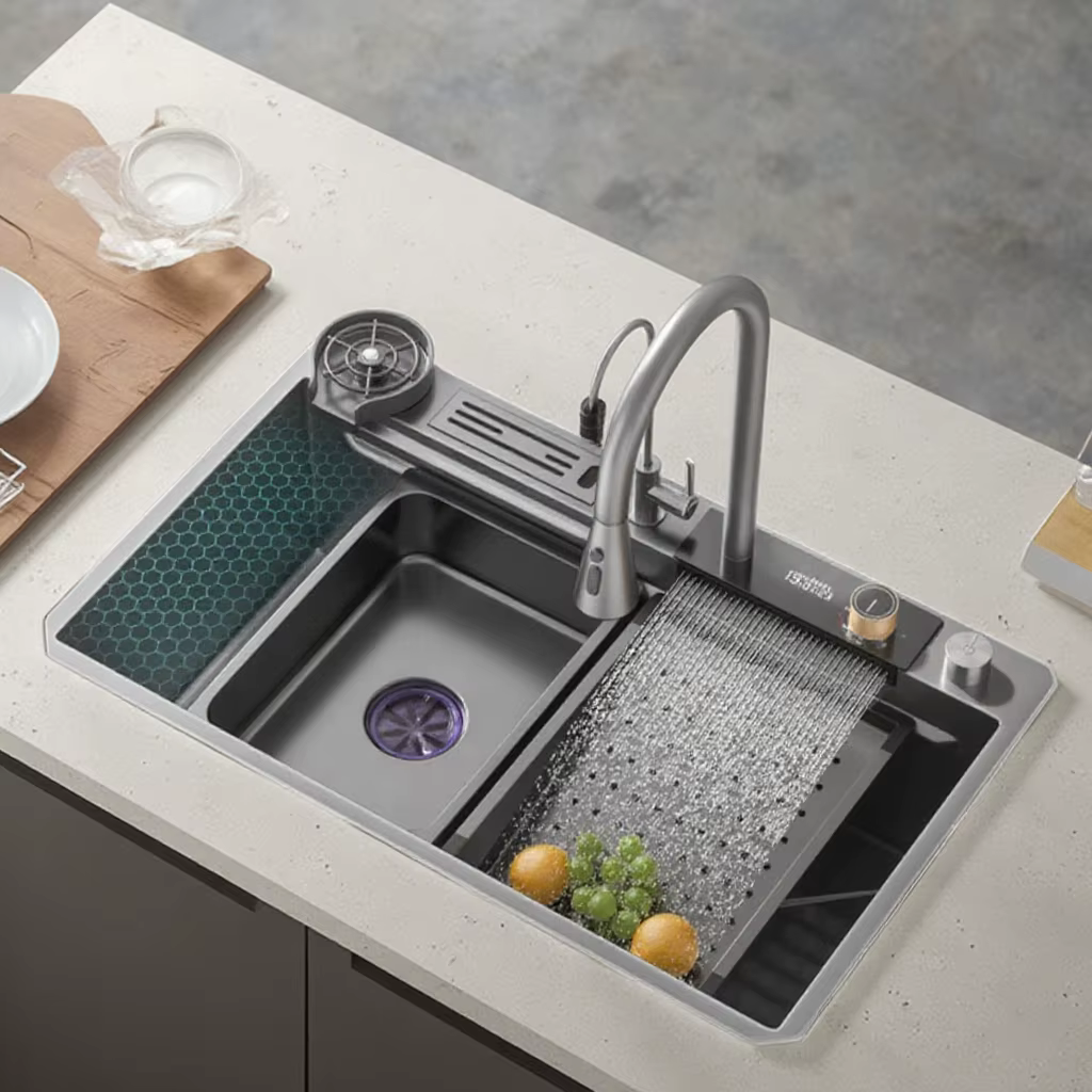 YITE Modern Square Single Bowl Flying Rain Waterfall High Pressure SPA Workstation Nano Surface Complete Kitchen Sink