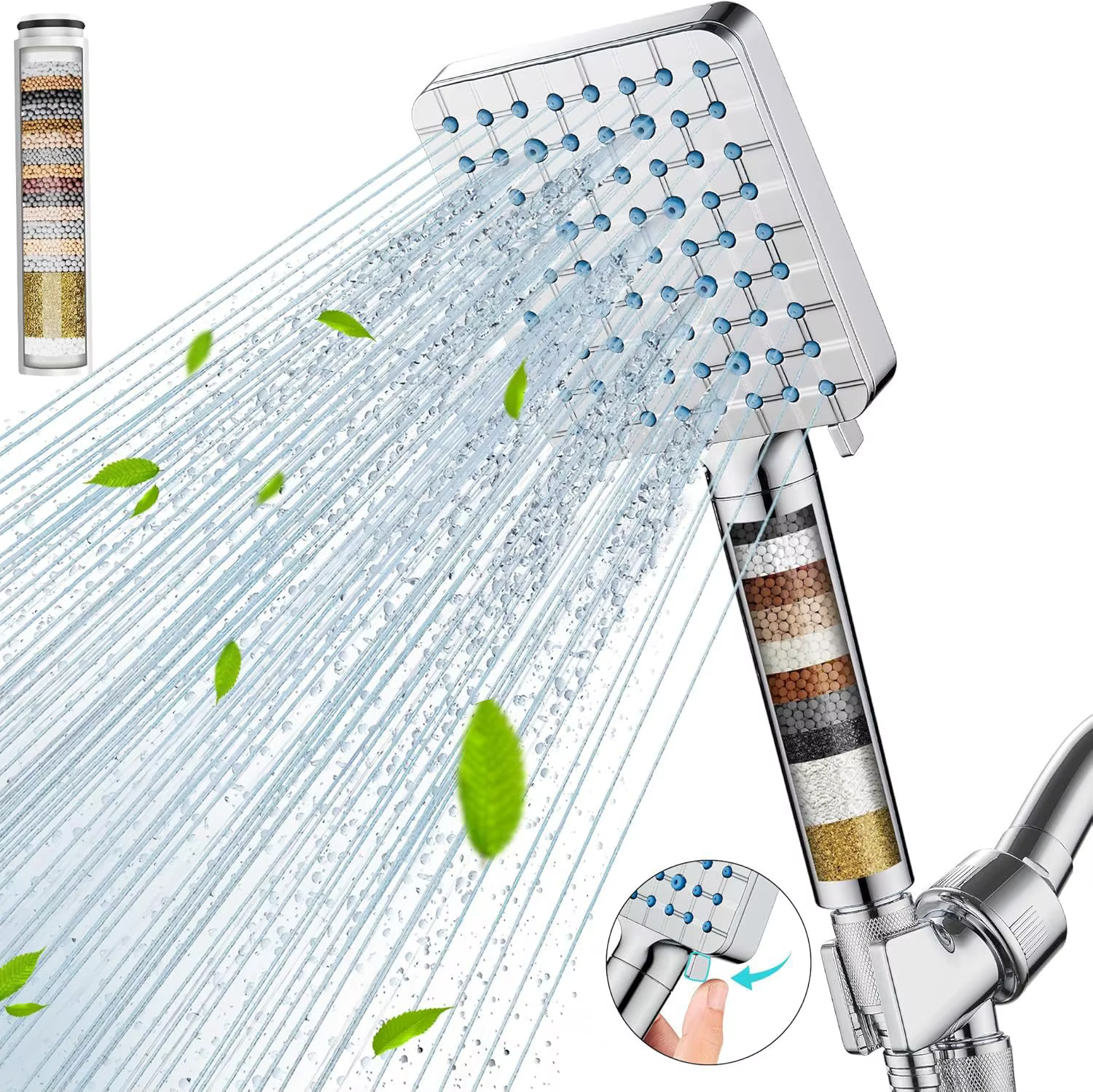 YITE Modern Six-function Rainfall Handheld Shower Filter Shower Head Stainless Steel Hose Shower Arm Bracket Diverter Chrome