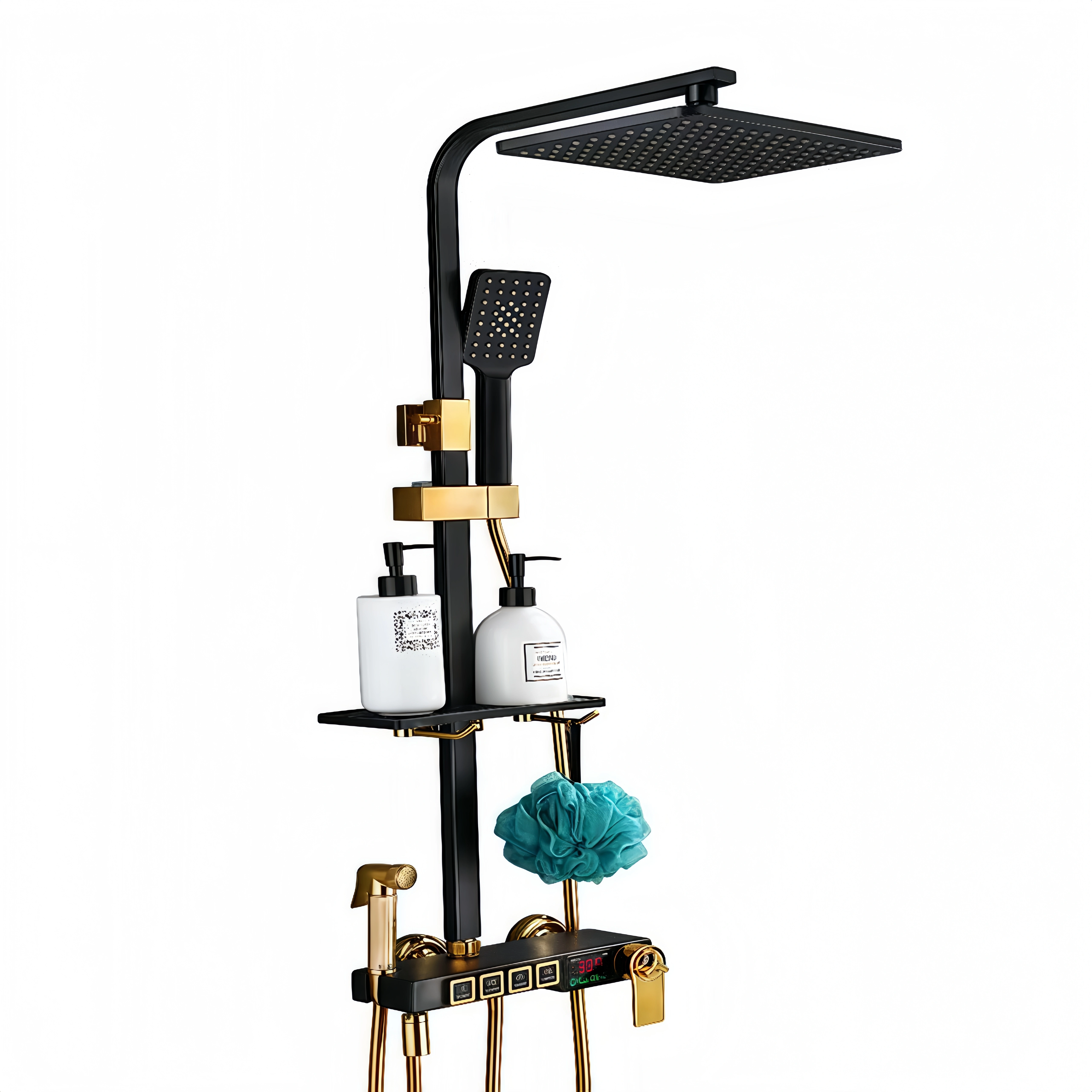 YITE Brass Piano Key Thermostatic Rainfall Shower System Dual Handle Slide Bar Wall-Mounted Digital Display Bath Shower Faucets