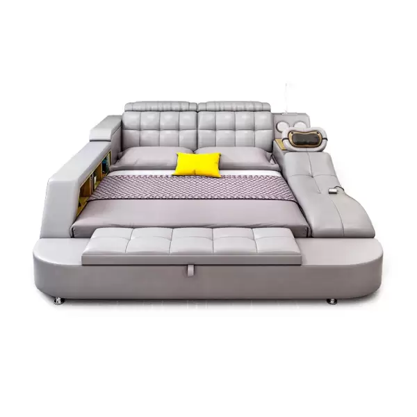 Multifunctional Tech Smart Genuine Leather Bed with Massage Recliner, Bluetooth Speakers, USB, Bookshelves & Storage Drawers