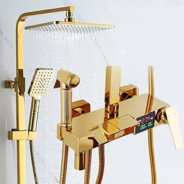 Gold Piano Digital Display Bathroom Shower Set Brass Bathroom Faucet Accessories Thermostatic Digital Bathroom Shower System