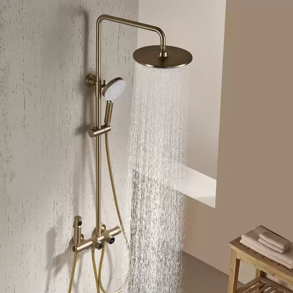 Brushed Gold Digital Bathroom Shower Set 12 Inch Round Rainfall Shower Head Hot Cold Bathroom Faucet Digital Shower System