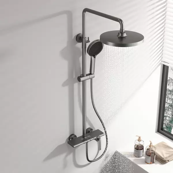 Brushed Gold Waterfall Bathroom Shower System Faucet 12 Inch Rainfall Shower Head Brass Hot Cold Piano Bathroom Shower Set